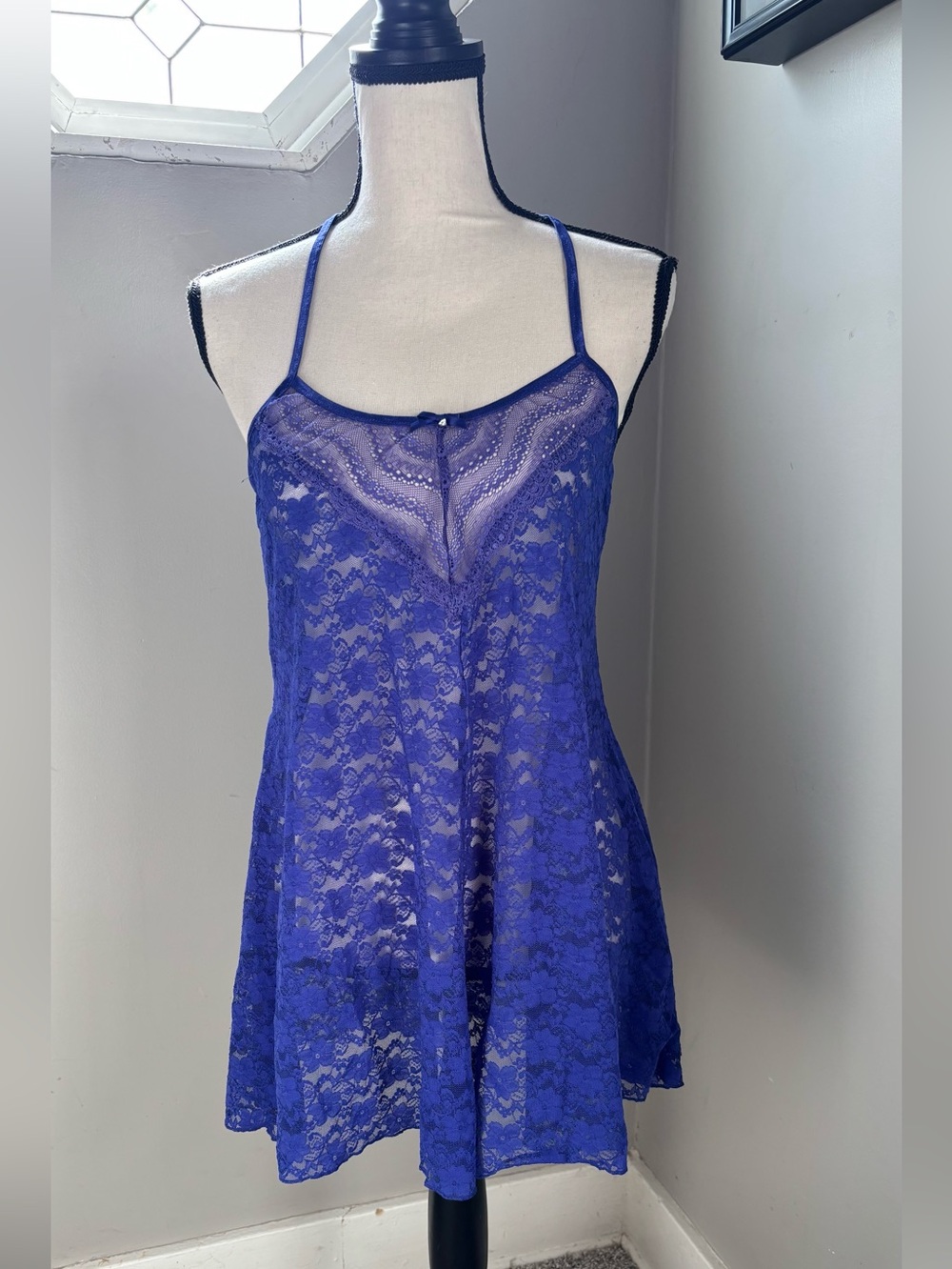 Vintage California Dynasty royal blue lace chemise babydoll nightgown, size Lg